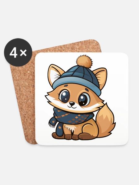 Cute fox with scarf and bobble hat. - Coasters (set of 4) - white