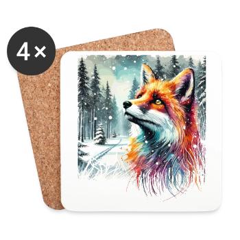 Renard aquarelle, Fox, fond hiver - Dessous de verre (lot de 4) - blanc - Devant