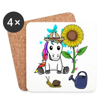 Licorne jardinier jardin nature tournesol enfant - Dessous de verre (lot de 4) - blanc - Devant
