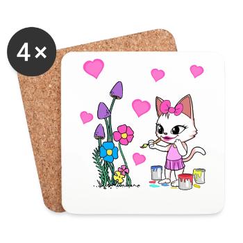 Chat Coloré Printemps Fleurs Fleurs Peinture Enfants - Dessous de verre (lot de 4) - blanc - Devant