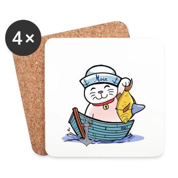 maritime, chat, chat, pêcheur, poisson, poisson - Dessous de verre (lot de 4) - blanc - Devant