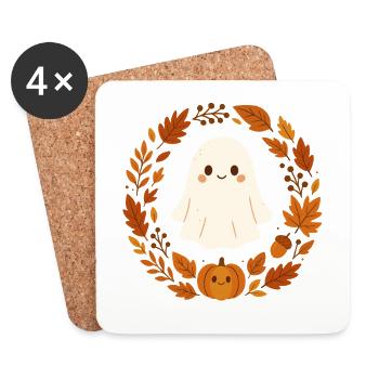 Cute Ghost in Autumn Wreath – Cozy Halloween Design - Coasters (set of 4) - white - Front