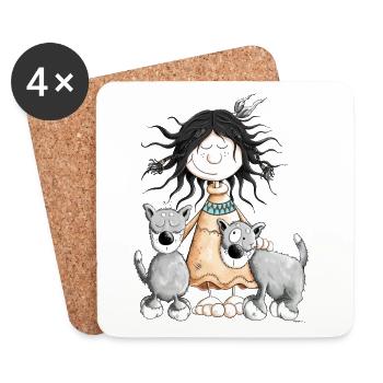 Fille indienne avec des amis de loup - Dessous de verre (lot de 4) - blanc - Devant