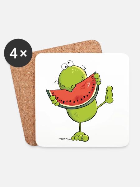 Frosch mit Melone - Untersetzer (4er-Set) - Weiß