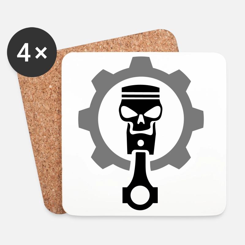 Motor Kolben mit Totenkopf & Getriebezahnrad - Untersetzer (4er-Set) - Weiß