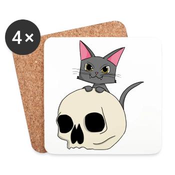 Tête de chat avec motif de crâne - Dessous de verre (lot de 4) - blanc - Devant