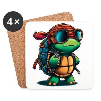 Tortue d’aventure avec lunettes de soleil et sac à dos - Dessous de verre (lot de 4) - blanc - Devant