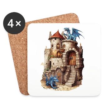 Drachenburg Blaue Drachen Medieval Fantasy Shirt - Untersetzer (4er-Set) - Weiß - Vorne