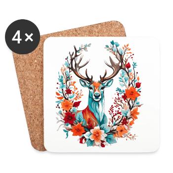 Hirsch mit Blumen - Untersetzer (4er-Set) - Weiß - Vorne