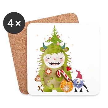 Un grand et un petit monstre célèbrent Noël - Dessous de verre (lot de 4) - blanc - Devant