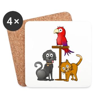 Chien noir, chat orange et perroquet sur un bâton - Dessous de verre (lot de 4) - blanc - Devant