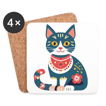 süße Folklore-Katze - Untersetzer (4er-Set) - Weiß - Vorne