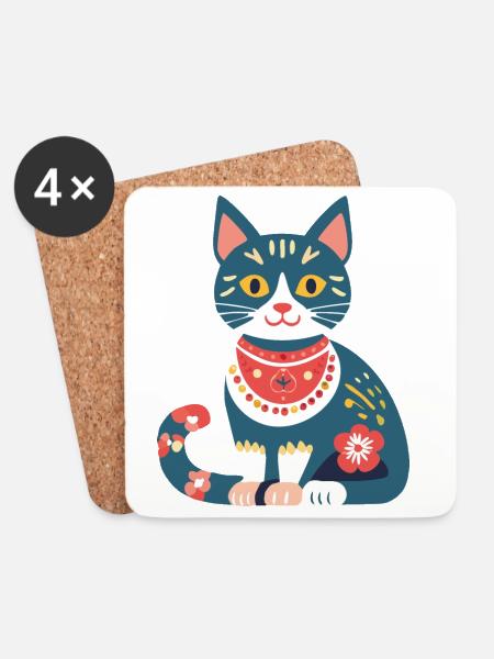 süße Folklore-Katze - Untersetzer (4er-Set) - Weiß