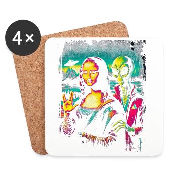 Alien and Mona Lisa – Cosmic Renaissance Design - Coasters (set of 4) - white - Front