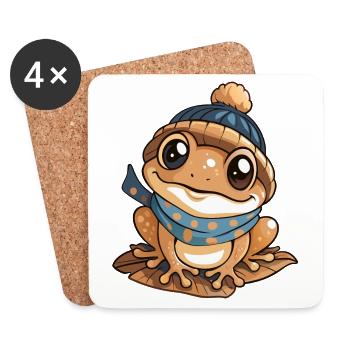 Grenouille mignonne avec écharpe et chapeau à pompon. - Dessous de verre (lot de 4) - blanc - Devant