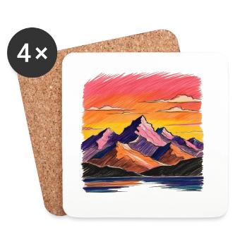 Peinture paysage montagneux et coucher de soleil - Dessous de verre (lot de 4) - blanc - Devant
