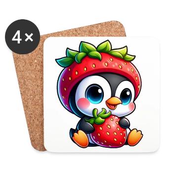 Drôle pingouin fraise chapeau dessin animé fruit - Dessous de verre (lot de 4) - blanc - Devant