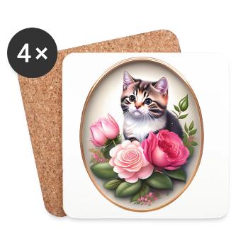 Portrait de chat vintage avec des roses - Dessous de verre (lot de 4) - blanc - Devant