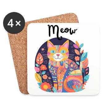 Chat coloré florilège patchwork - Dessous de verre (lot de 4) - blanc - Devant