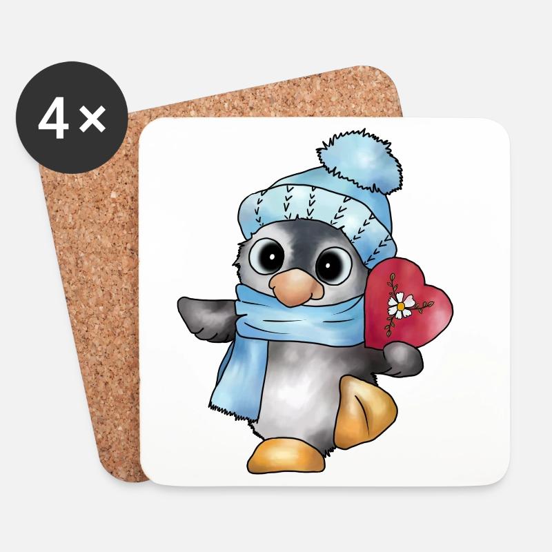 Pinguin mit Herz - Untersetzer (4er-Set) - Weiß