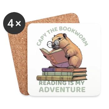 Capybara lisant entre des piles de livres - Dessous de verre (lot de 4) - blanc - Devant