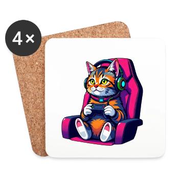 Retro Gamer Cat with Headset and Controller - Coasters (set of 4) - white - Front