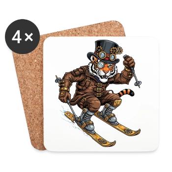 Steampunk Tiger Skifahrer Mit Zylinder - Untersetzer (4er-Set) - Weiß - Vorne