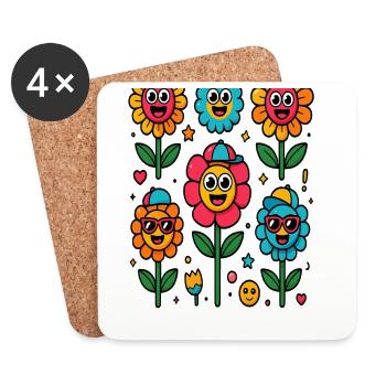 Colorful flowers with smiling faces - Coasters (set of 4) - white - Front