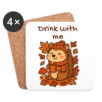 Autumn Hedgehog Cocoa Drinking Warm Leaves Design - Coasters (set of 4) - white - Front