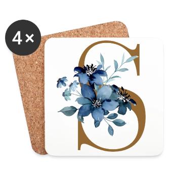 Motif floral bleu sur la lettre S - Dessous de verre (lot de 4) - blanc - Devant