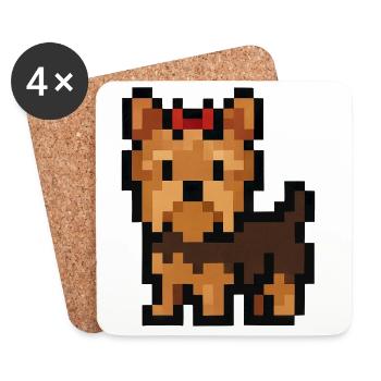 Pixel Art Yorkshire Terrier Dog with Red Bow - Coasters (set of 4) - white - Front