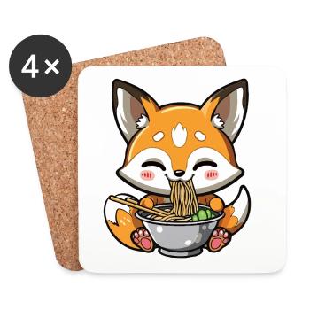 Kawaii Fox Mange Des Nouilles Ramen - Dessous de verre (lot de 4) - blanc - Devant