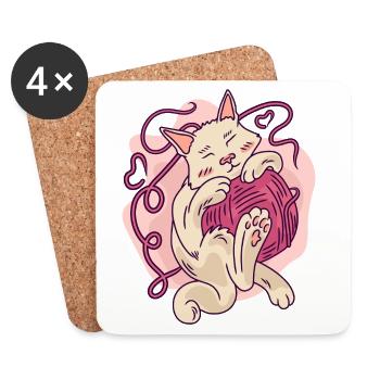 Niedliche gemütliche Katze umarmt Yarn Ball Cartoon - Untersetzer (4er-Set) - Weiß - Vorne