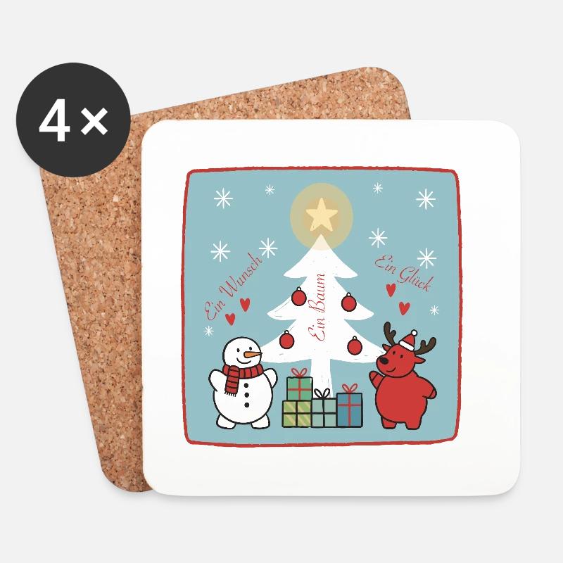 Weihnachtsbaum mit Schneemann und Rentier - Untersetzer (4er-Set) - Weiß