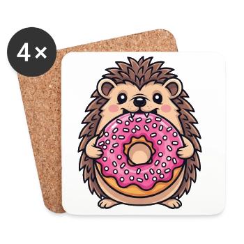 Cute Hedgehog with Donut Cartoon Dessert Sugar Candy - Coasters (set of 4) - white - Front