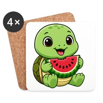 Cute Turtle Melon Summer Cartoon Fruits - Coasters (set of 4) - white - Front
