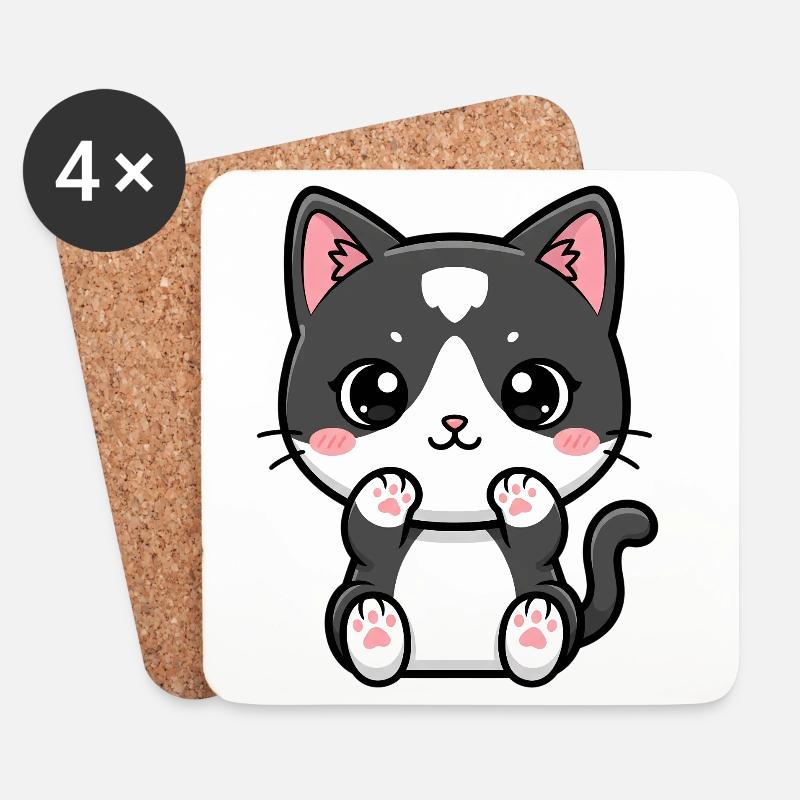 Kawaii-Katze mit errötenden Pfoten - Untersetzer (4er-Set) - Weiß