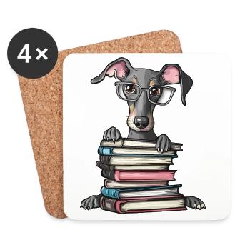Süßes Windhund-Lesebuch mit Brille - Untersetzer (4er-Set) - Weiß - Vorne
