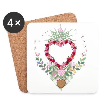 Rosy heart ornament with flowers & wooden heart - Coasters (set of 4) - white - Front