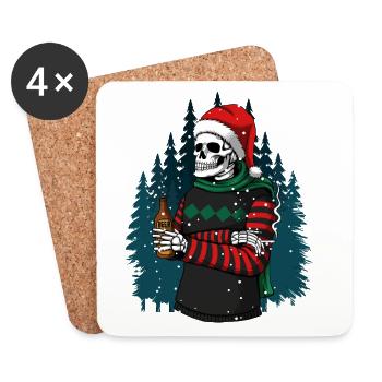 Skelett mit Santa-Hut trinkt Bier im Winterwald - Untersetzer (4er-Set) - Weiß - Vorne