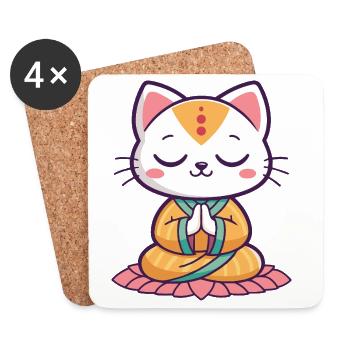 Zen cat meditating on orange lotus - Coasters (set of 4) - white - Front