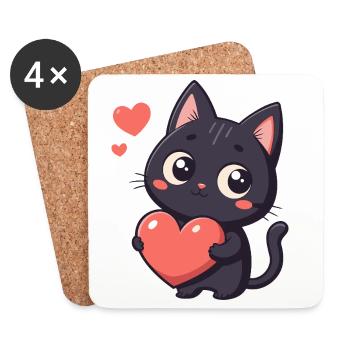 Chat noir cœur kawaii - Dessous de verre (lot de 4) - blanc - Devant