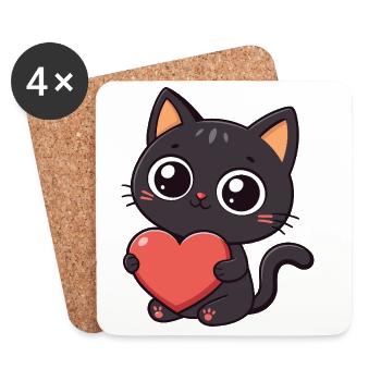 Kawaii schwarze Katze hält ein rotes Herz - Untersetzer (4er-Set) - Weiß - Vorne
