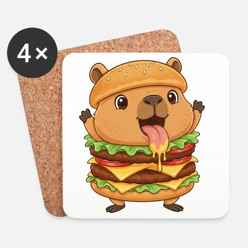 Süße Capybara Cartoon Fast Food Cheeseburger - Untersetzer (4er-Set) - Weiß