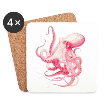 Vintage Octopus Illustration in Red & Pink - Coasters (set of 4) - white - Front