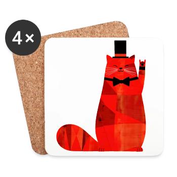 Chat rouge avec nœud papillon et haut-de-forme - Dessous de verre (lot de 4) - blanc - Devant
