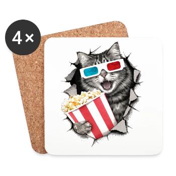 Cat with 3D Glasses – Kino Halftone Design - Coasters (set of 4) - white - Front
