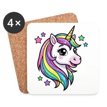 Rainbow Unicorn Glitter Head - Coasters (set of 4) - white - Front