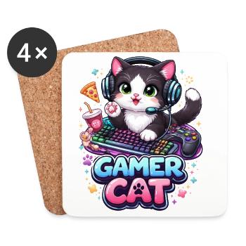 Gamer Cat - Kawaii Cat avec casque et clavier - Dessous de verre (lot de 4) - blanc - Devant