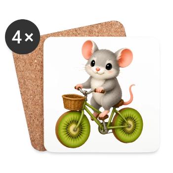 Süße Maus mit Fahrrad und Rädern aus Kiwischeiben - Untersetzer (4er-Set) - Weiß - Vorne